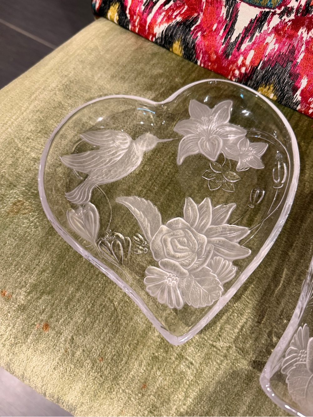 2 Hummingbird heart shaped glass trinket trays